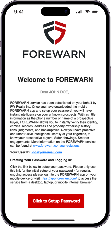 Screenshot of Forewarn welcome email