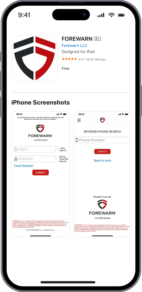 Screenshot of Forewarn app on iphone app store