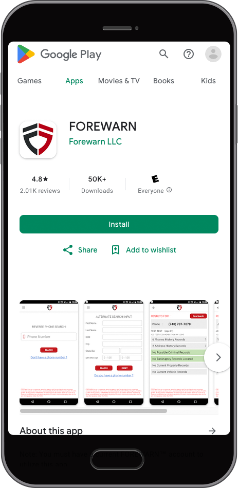 Screenshot of Forewarn app on Google Play store